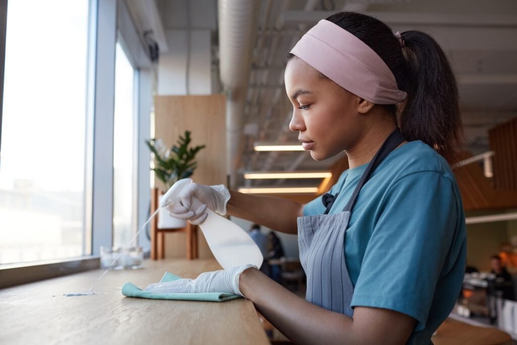 Side view portrait of a young woman cleaning windows with sanitizer in a cafe.