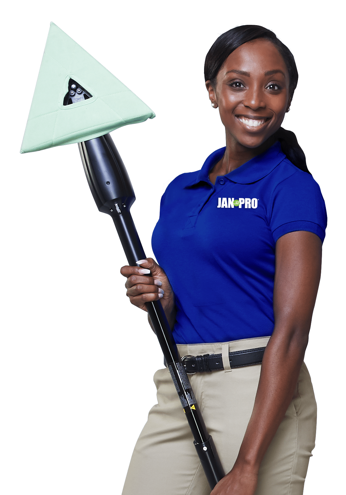an African-American woman in JAN-PRO Cleaning & Disinfecting attire smiling holding a mop