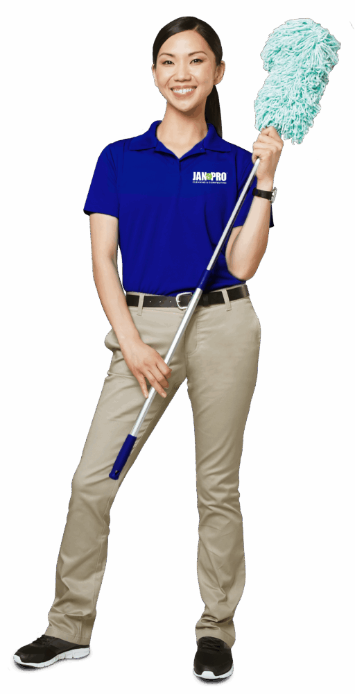 An Asian woman JAN-PRO Cleaning & Disinfecting employee holding a mop smiling