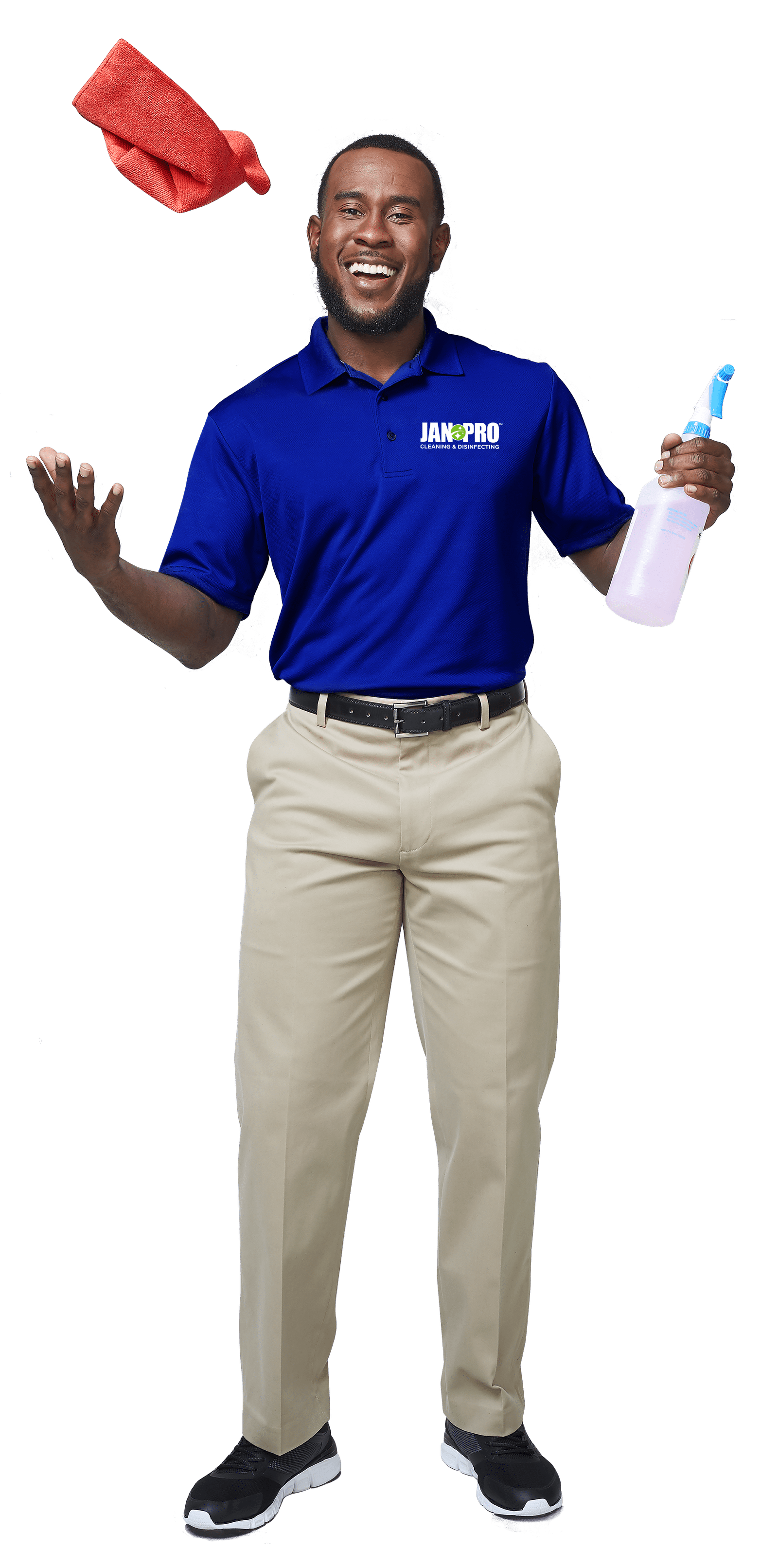 An African-American man JAN-PRO Cleaning & Disinfecting employee throwing a red towel in the air and holding a spray bottle