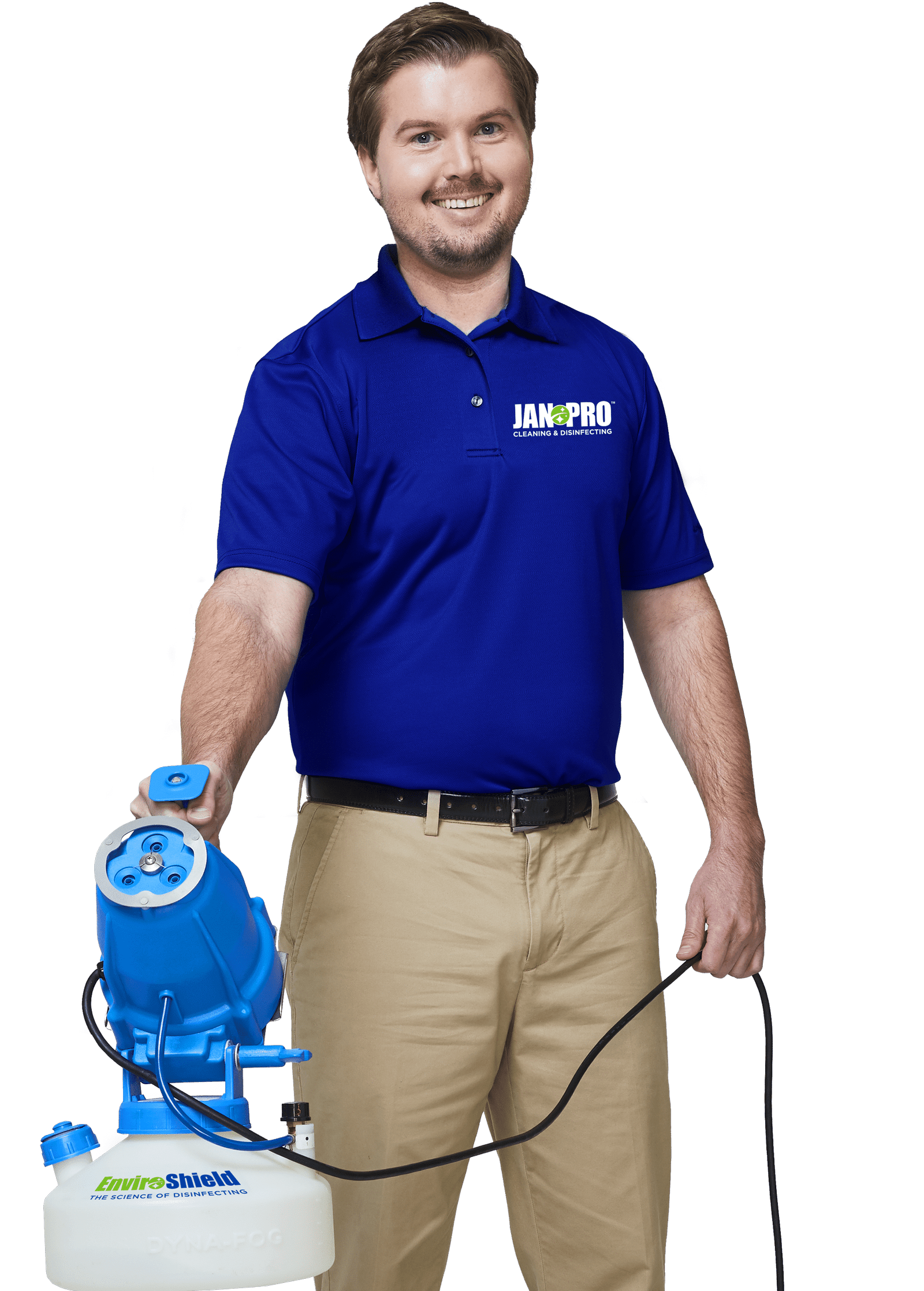 A Caucasian JAN-PRO Cleaning & Disinfecting employee holding an Enviroshield cleaning equipment