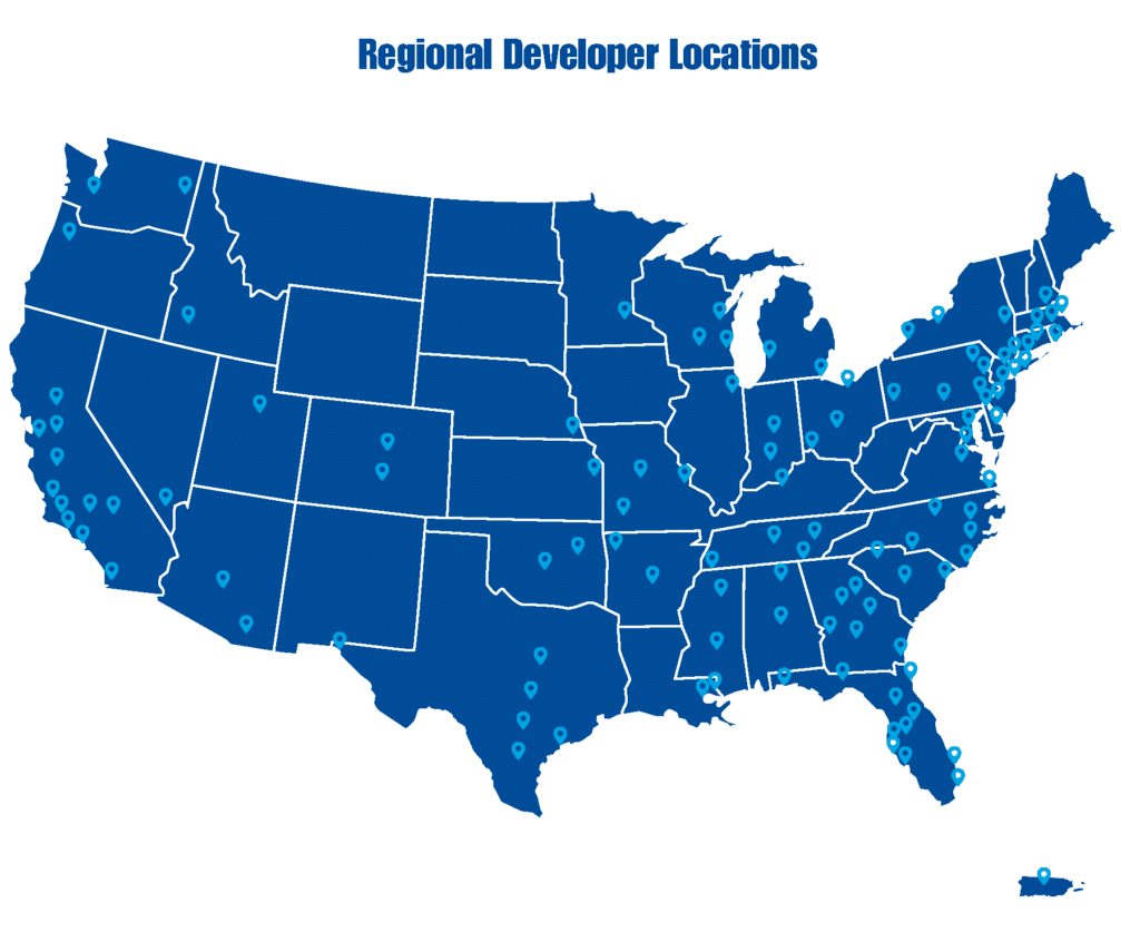 A blue map of the United States with light blue pins showing JAN-PRO Cleaning & Disinfecting locations