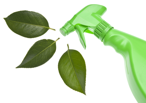 Green cleaning spray bottle with three green leaves