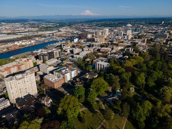 aerial shot of Tacoma, Washington