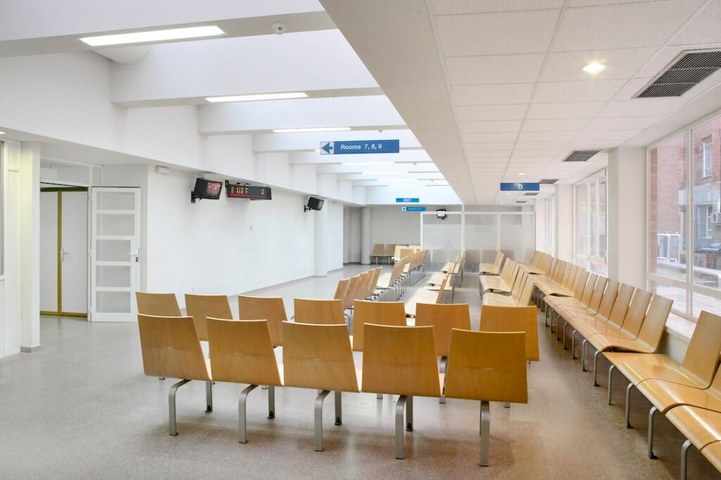 Hospital indoor waiting area.
