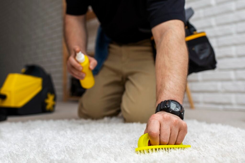 Scrubbing a carpeted floor.