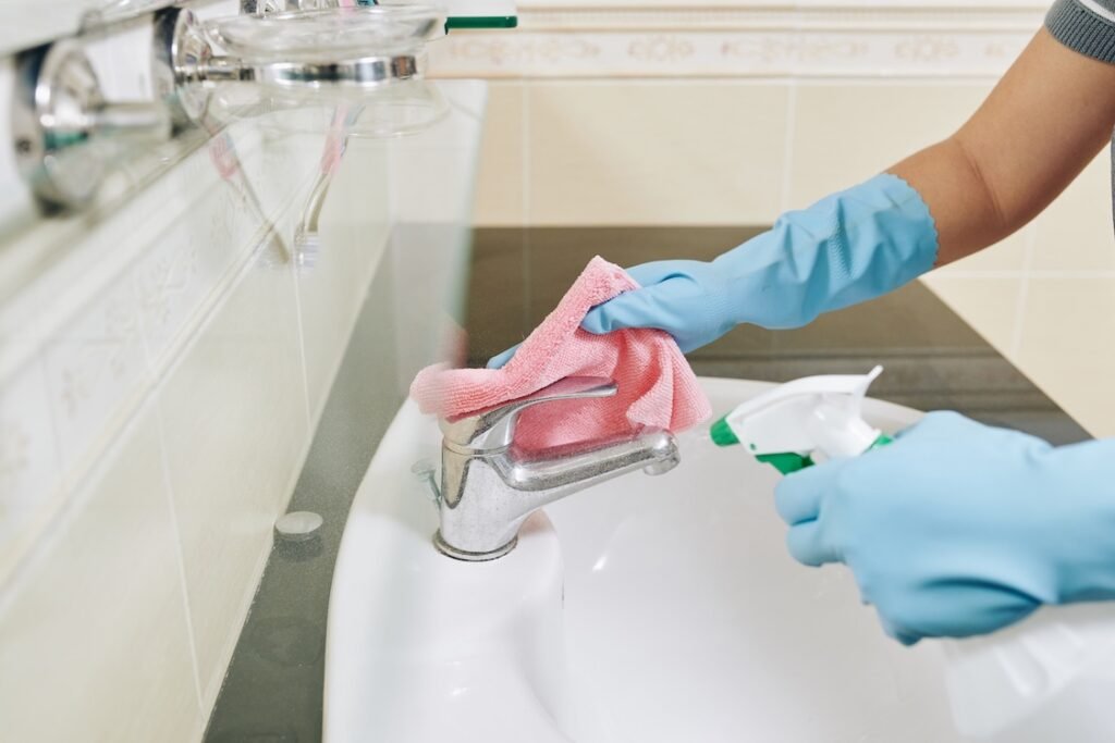 Commercial cleaning professional wiping faucet in bathroom with soft cloth and detergent.