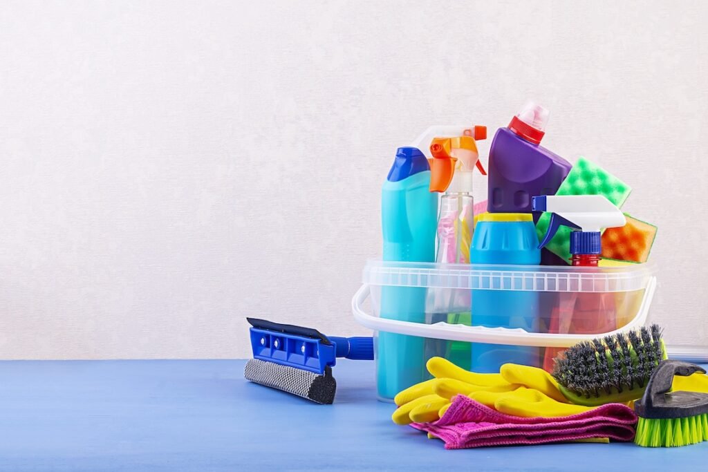 Colorful cleaning set for different surfaces in kitchen, bathroom and other rooms.