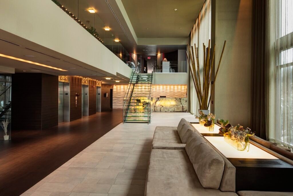 Lounge area in a hotel lobby.